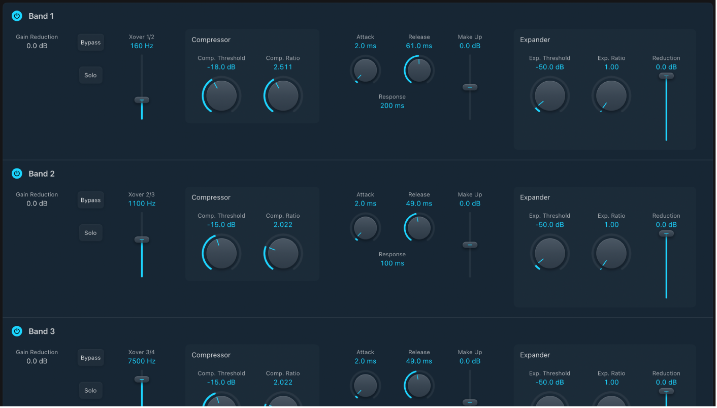 Figure. Multipressor window showing Band 1 and Band 2 parameters.