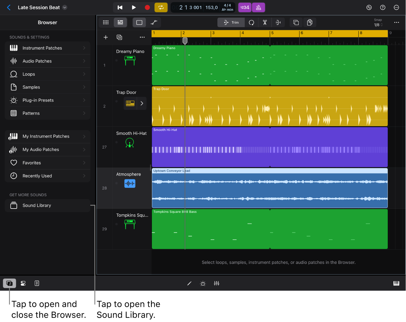 Figure. The Browser in Logic Pro for iPad.