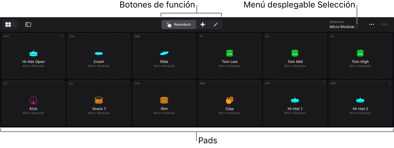 La superficie de interpretación de Drum Machine Designer, con el botón de función, el menú desplegable Selection y pads.