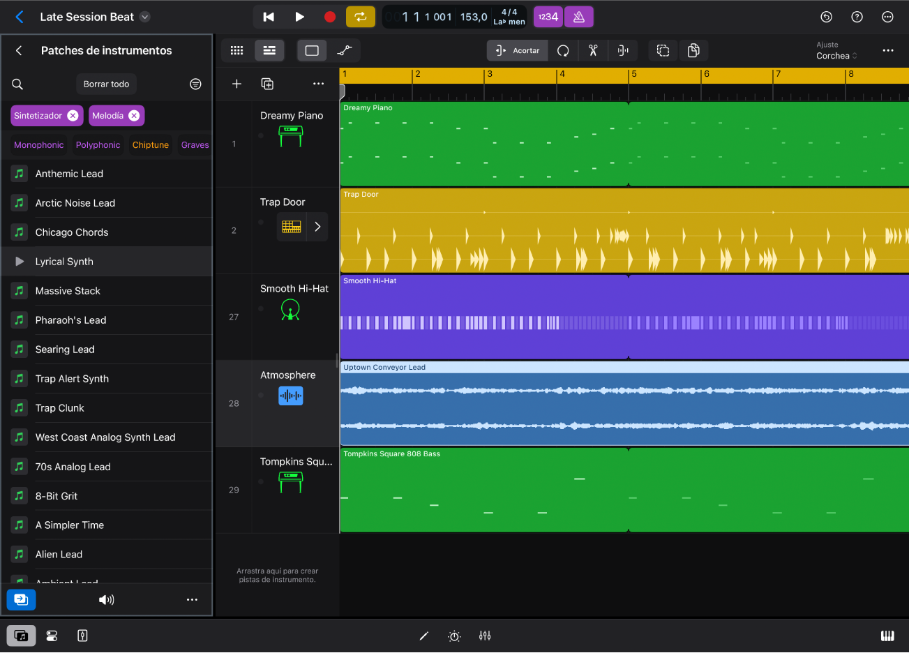 Ilustración. Logic Pro para iPad con la vista “Patches de instrumentos” en el explorador.