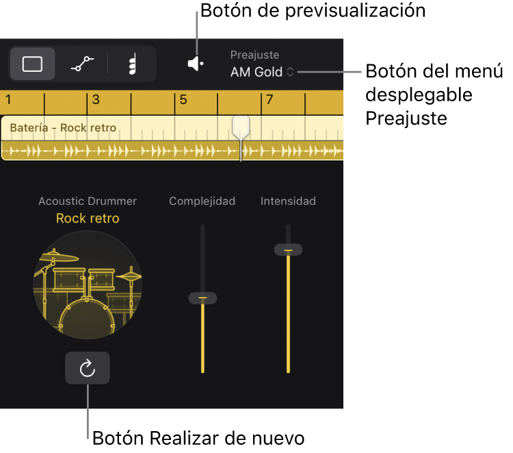 Ilustración. Botón Previsualizar, botón del menú desplegable Preajuste y botón “Interpretar de nuevo” del editor de “Session Player”.