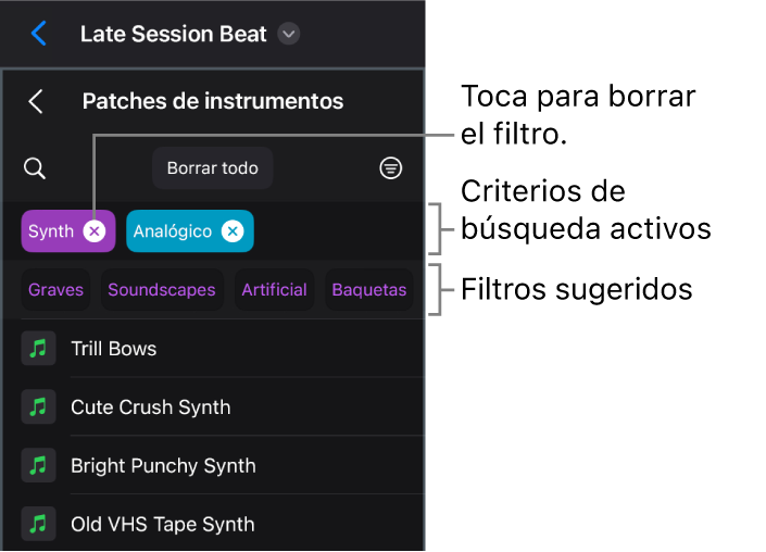 Ilustración. Vista “Patches de instrumentos” en el explorador con criterios de búsqueda activos y filtros sugeridos.
