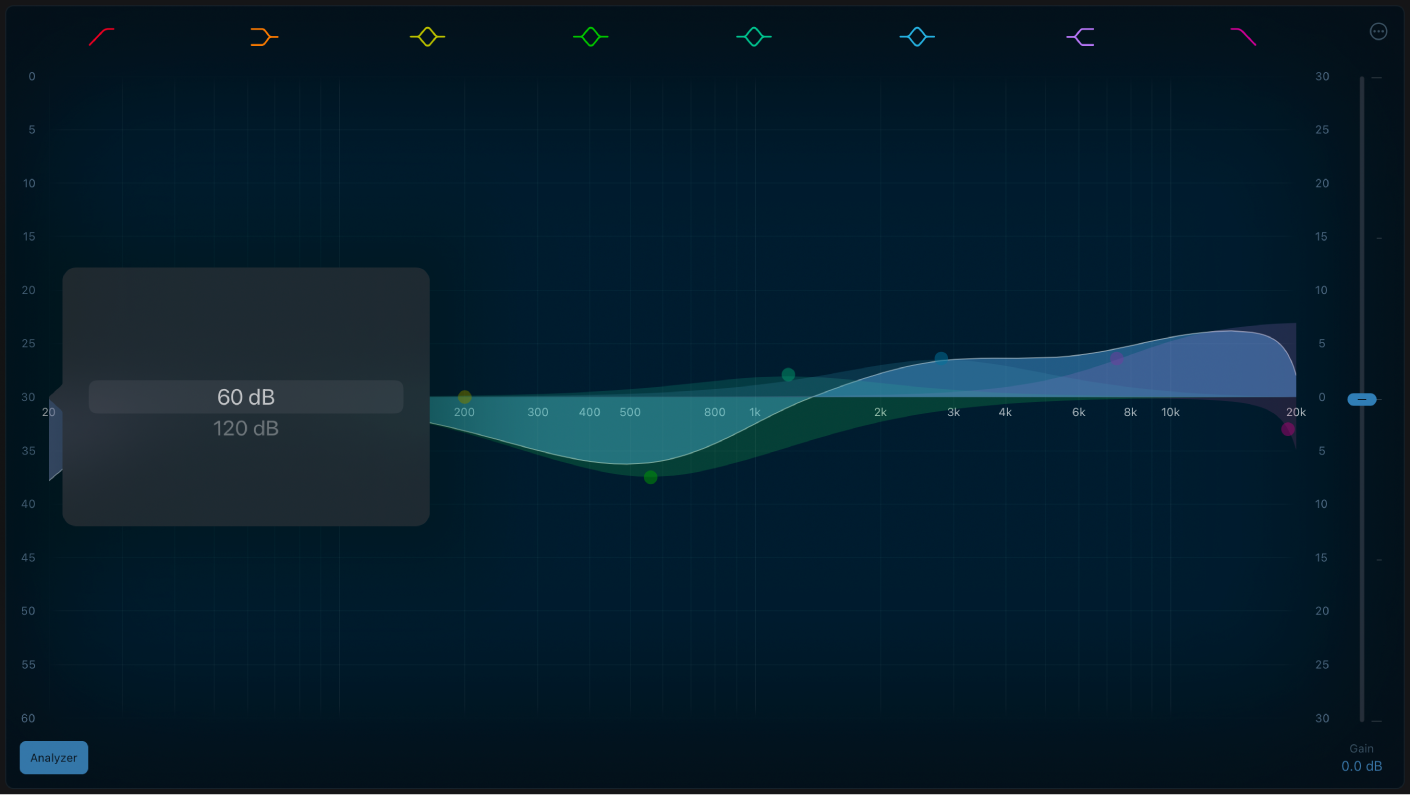 Ilustración. Ajuste del desplazamiento de la escala de Linear Phase EQ Analyzer.