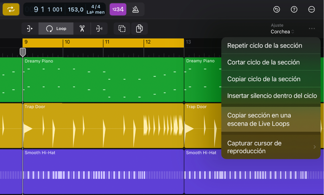 Ilustración. Menú Más de la barra de menús del área de pistas con la opción “Copiar sección en Live Loops” resaltada.
