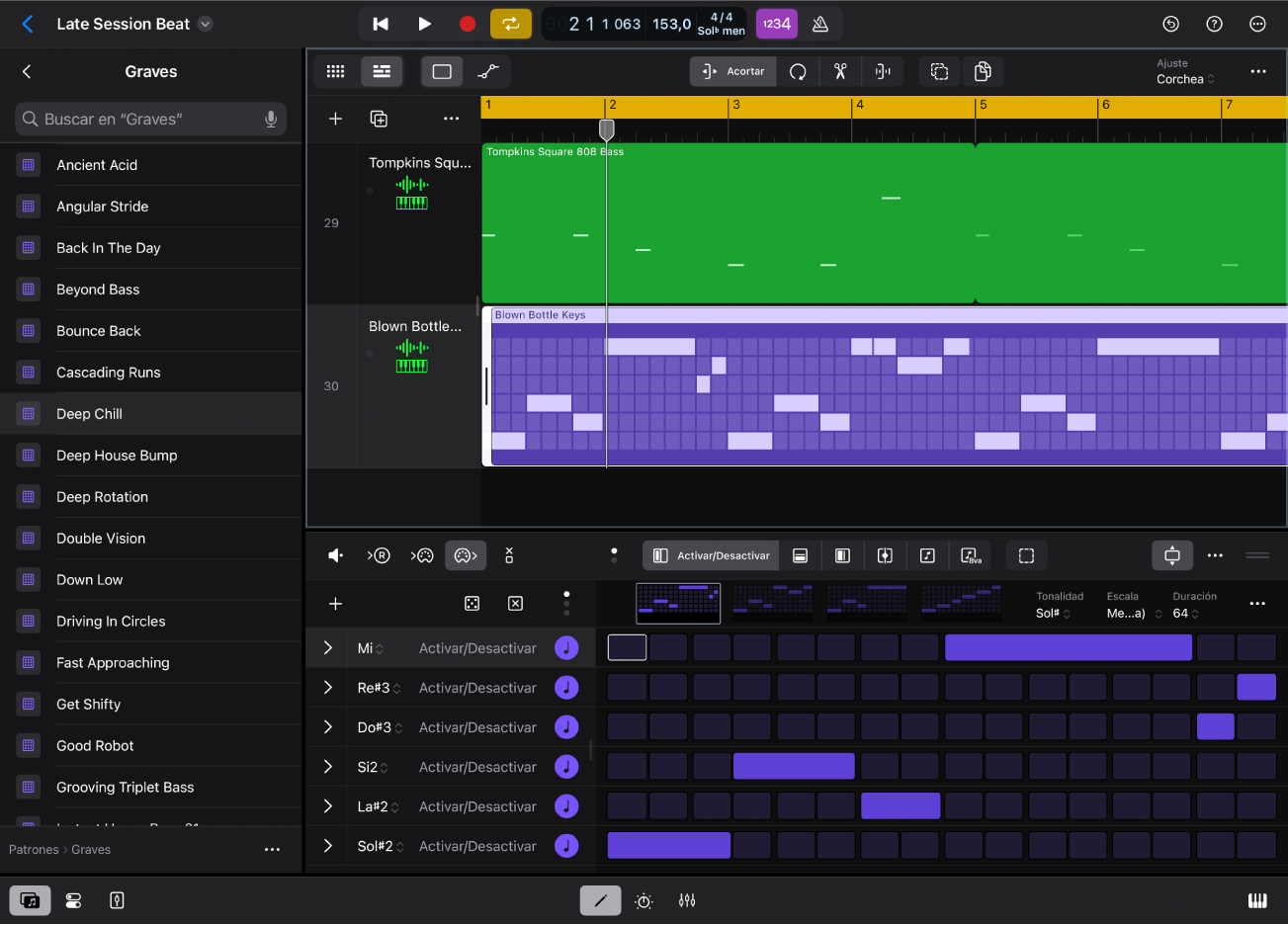 Ilustración. Logic Pro para iPad con la vista Patrones en el explorador.