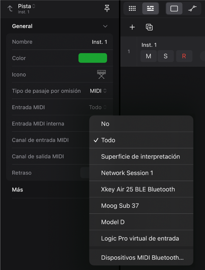 Menú desplegable “Entrada MIDI”.