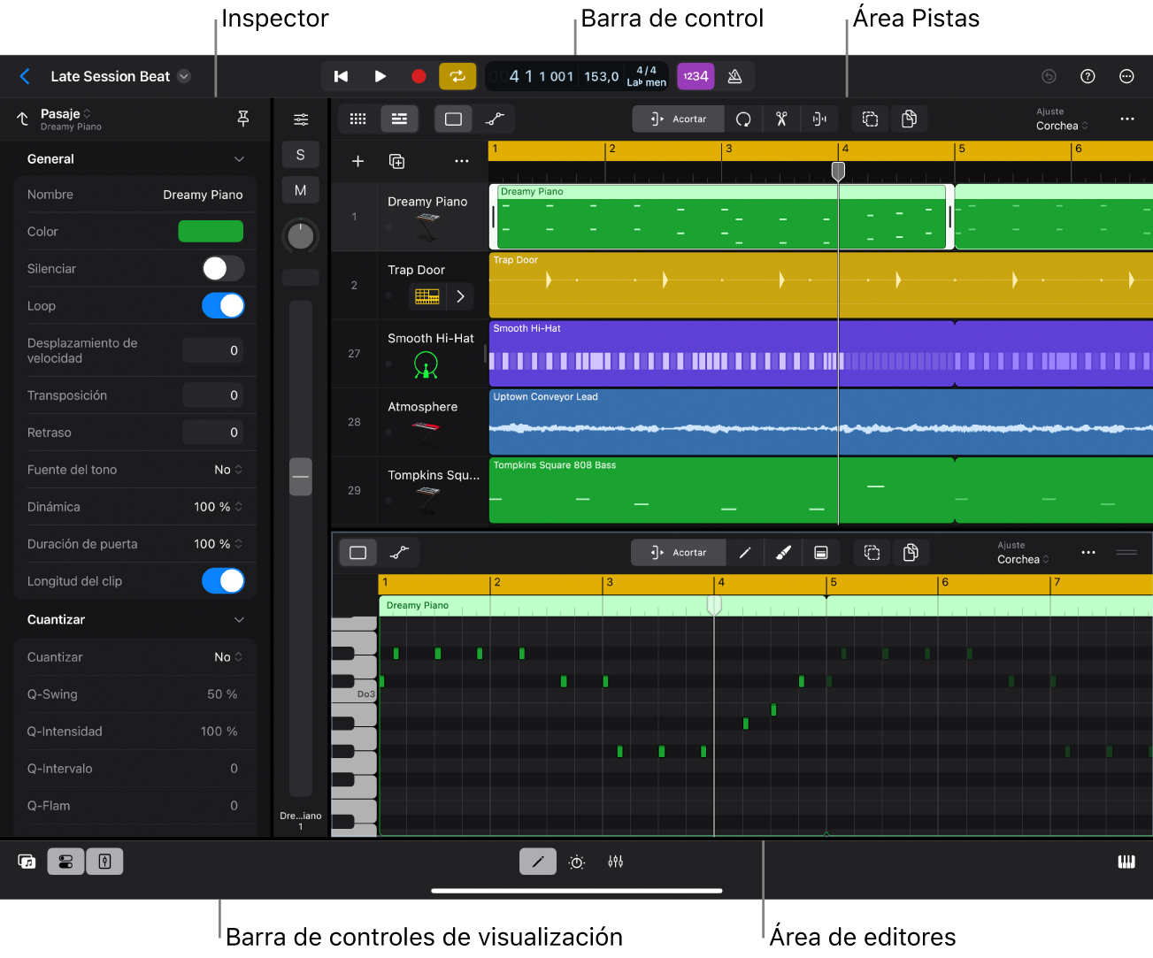 Ilustración. Reproducción de un proyecto de Logic Pro, con el área de pistas, el inspector y el editor de teclado visibles.