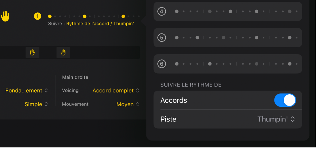 Figure. La section « Suivre le rythme de » du menu Motifs dans l’éditeur de Session Player.