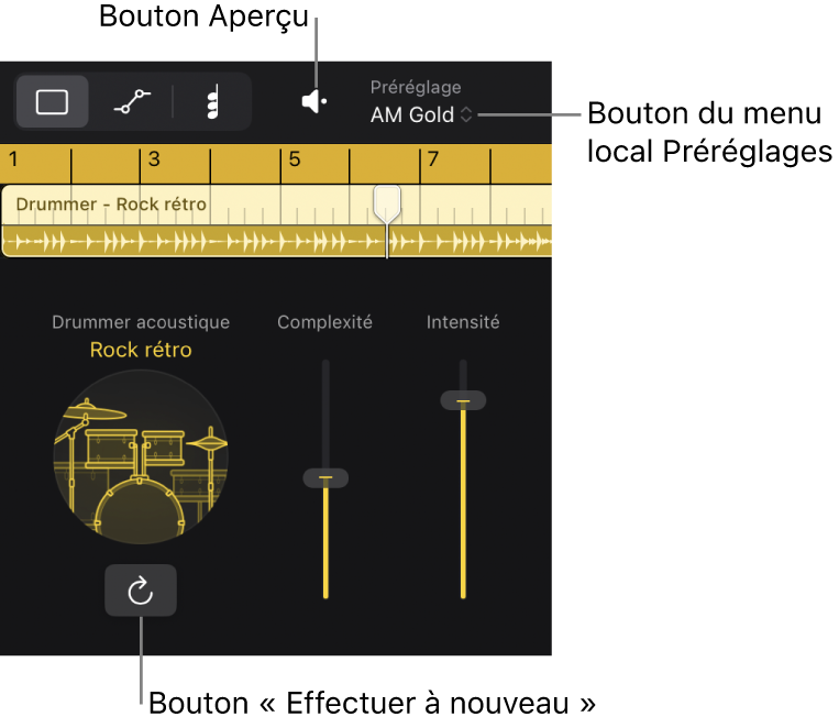 Figure. Bouton Aperçu, bouton du menu local Préréglages et bouton « Effectuer à nouveau » dans l’éditeur de Session Player.