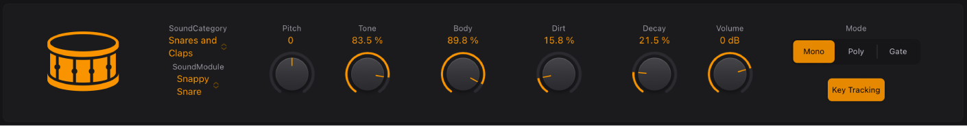 Figure. Interface Drum Synth avec son de caisse claire et paramètres correspondants.