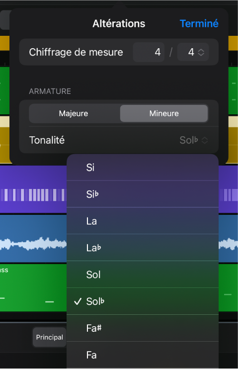 Zone de dialogue Altérations montrant la zone Armature avec le menu local Tonalité ouvert.