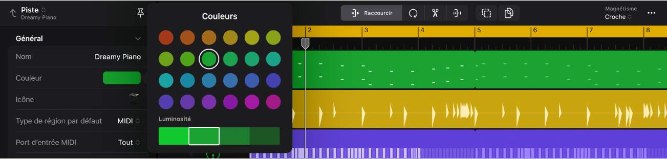 Figure. Inspecteur ouvert montrant la palette de couleurs avec la piste sélectionnée dans la zone de pistes.