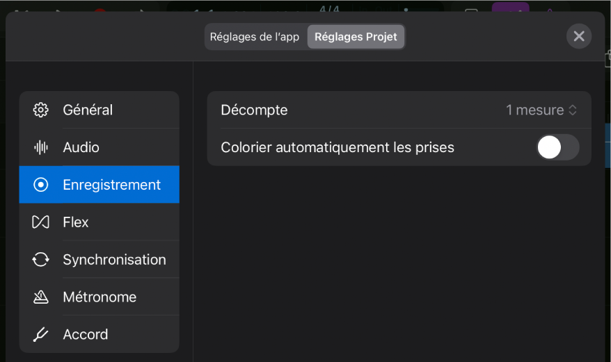 Réglages d’enregistrement du projet.