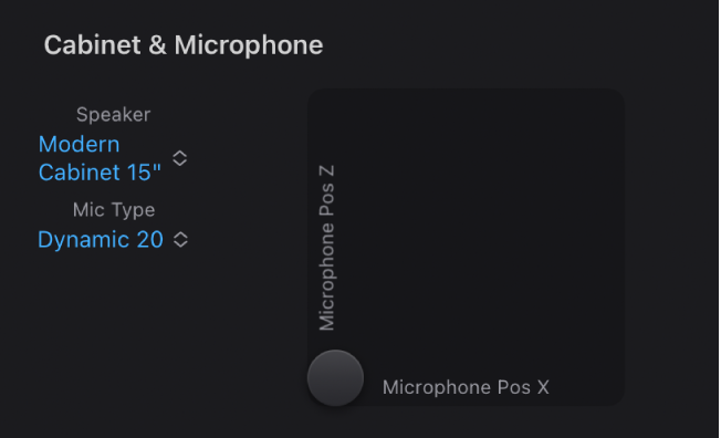 Figure. Paramètres Cabinet et Microphone pour Bass Amp Designer.