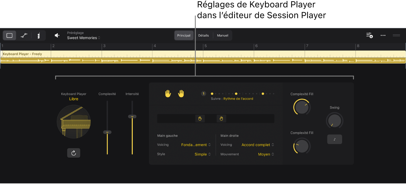 Figure. Éditeur de Session Player avec les réglages Keyboard Player.