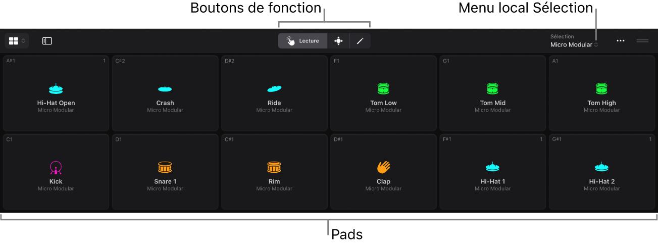 La surface de lecture Drum Machine Designer affichant le bouton de fonction, le menu local Sélection et des pads.