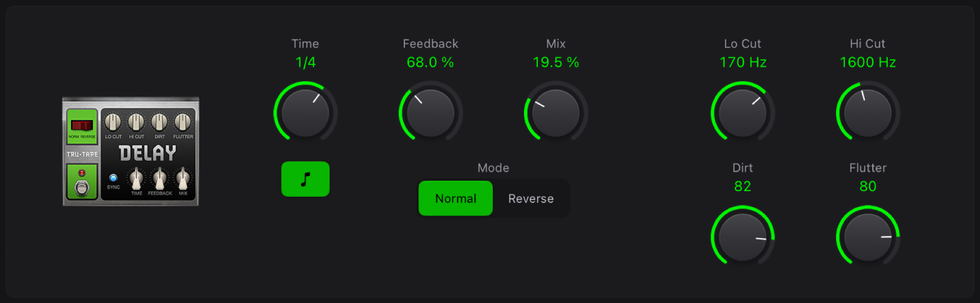 Figure. Fenêtre stompbox Tru-Tape Delay.