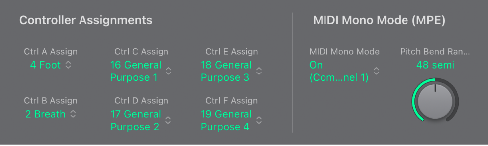 Figure. Paramètres d’assignations du contrôleur ES2 et du mode mono MIDI.