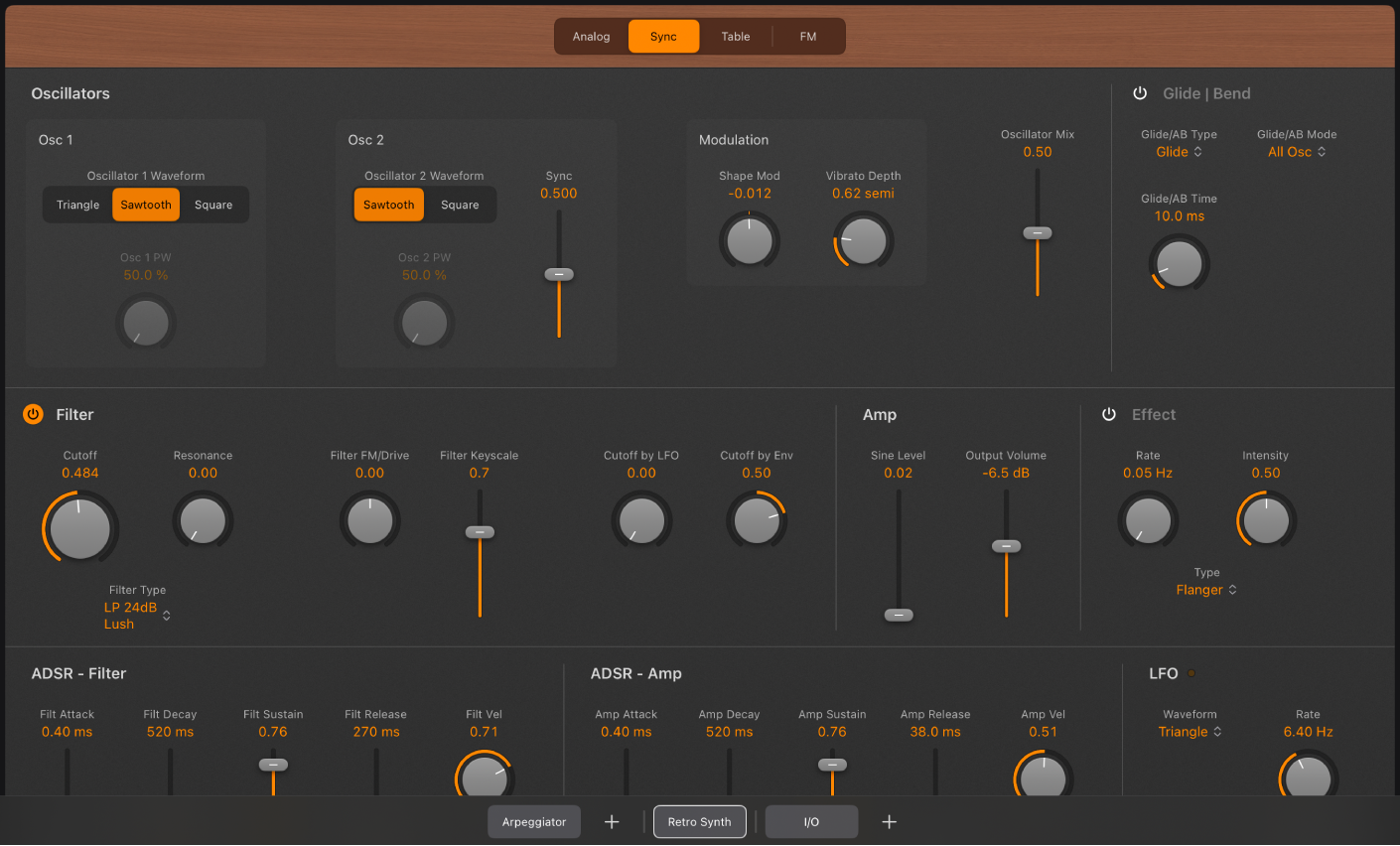 Figure. Paramètres Sync de l’oscillateur analogique Retro Synth.