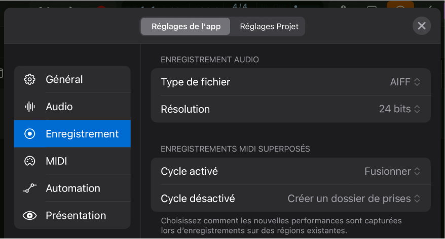 Réglages d’enregistrement.