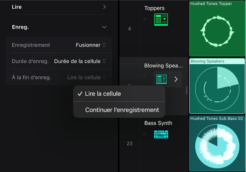 Figure. Menu local des réglages « À la fin d’enreg. » dans l’inspecteur de cellule.