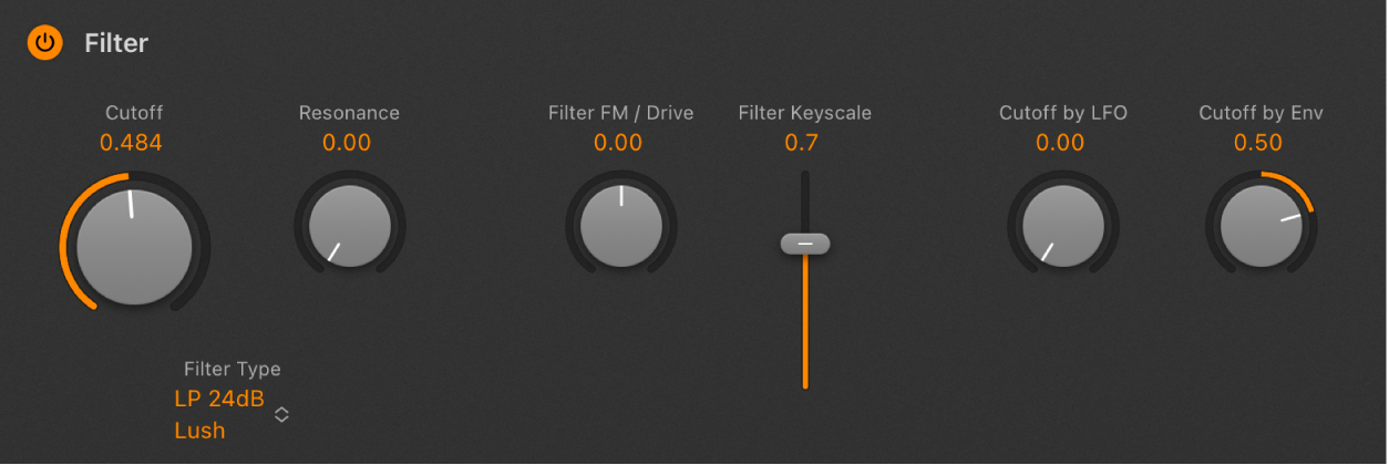 Figure. Paramètres de filtrage de Retro Synth.