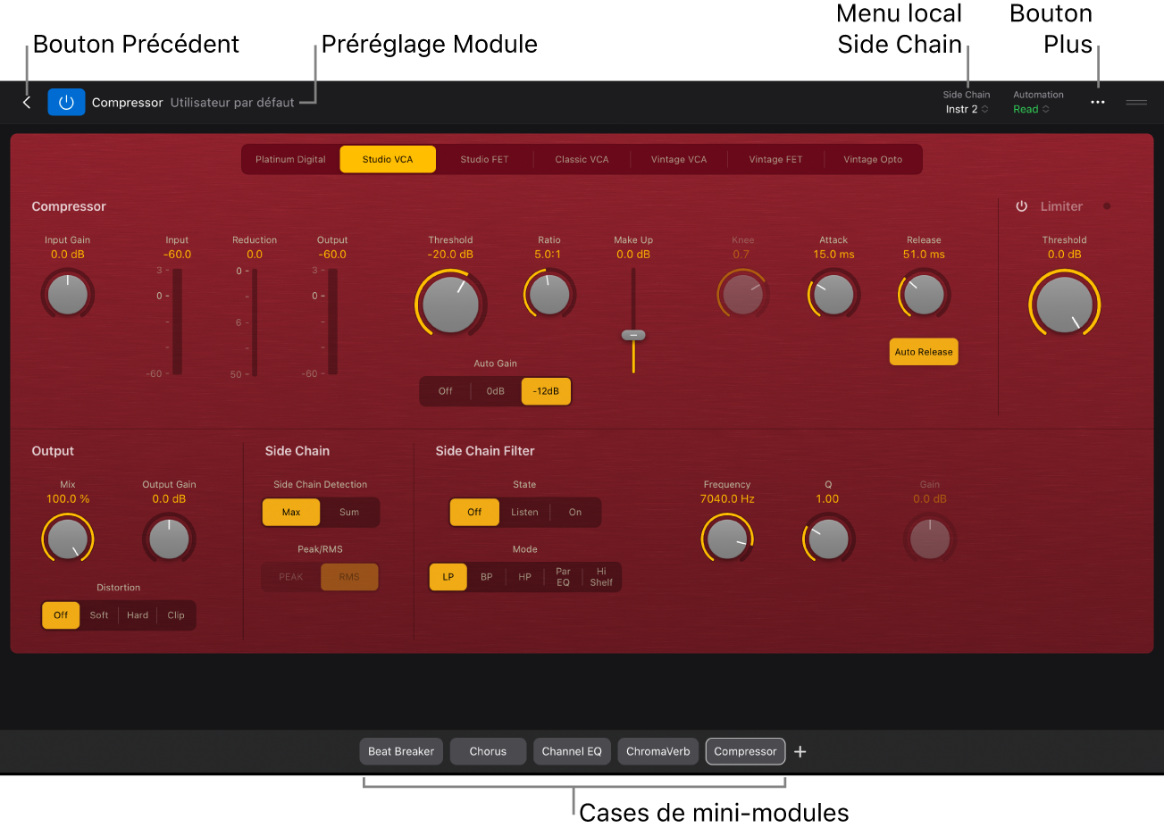 Figure. Module Compressor ouvert dans la présentation Détails affichant le bouton Fermer, le menu des préréglages de module, le menu local « Side Chain » et les mosaïques miniatures de modules.