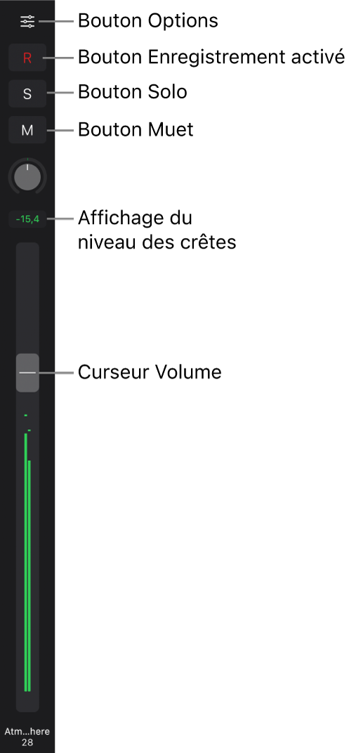 Figure. Curseur affichant les boutons Options, « Activer l’enregistrement », Solo et Muet, le potentiomètre Pan/Balance et un VU-mètre.