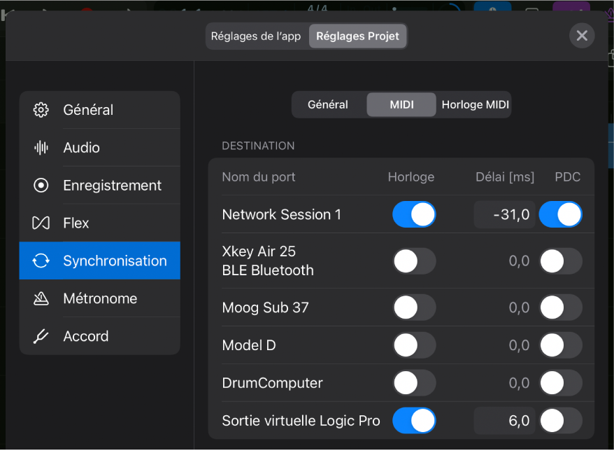 Réglages de synchronisation MIDI du projet.