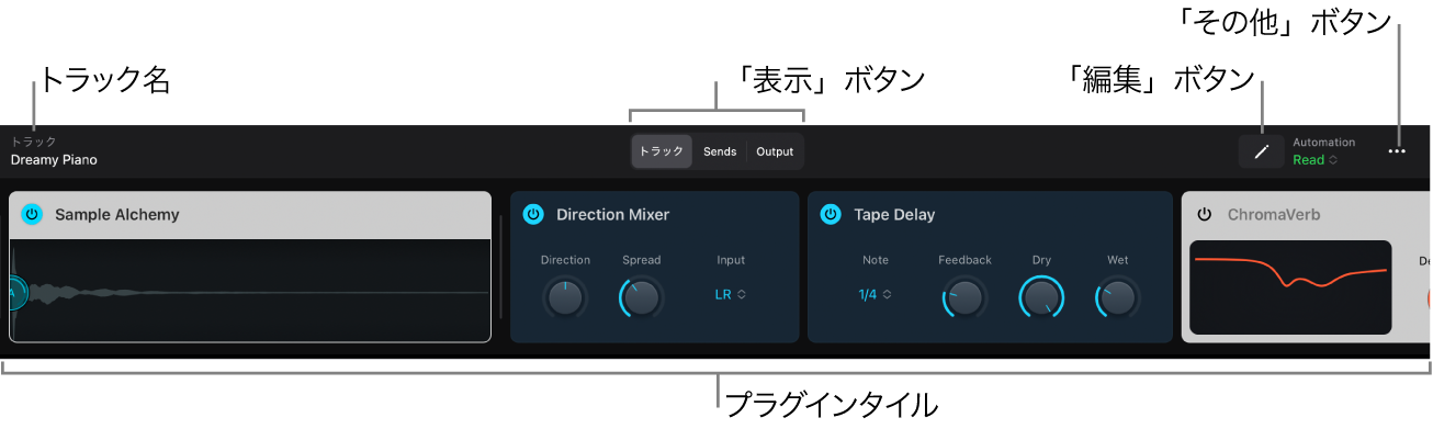 図。プラグイン領域。音源プラグインタイルといくつかのオーディオエフェクトプラグインタイルに、「トラック」、「センド」、「出力」の表示ボタンと、「編集」ボタン、「その他」ボタンが表示されています。