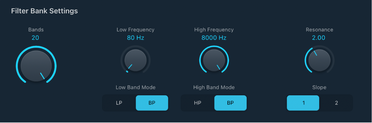 図。EVOC20 Filterbankの「Filter Bank Settings」パラメータ。