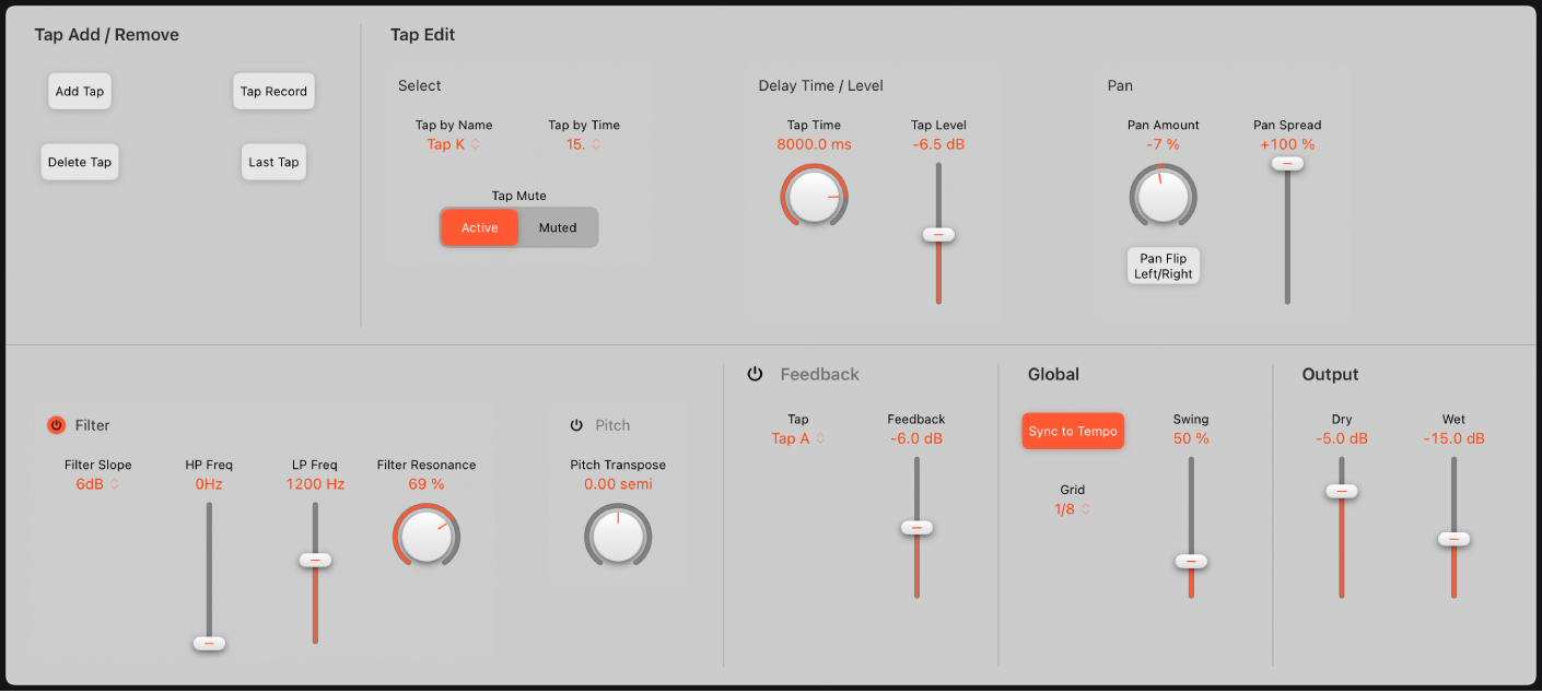 図。Delay Designerウインドウ。主なインターフェイス領域が表示されている。