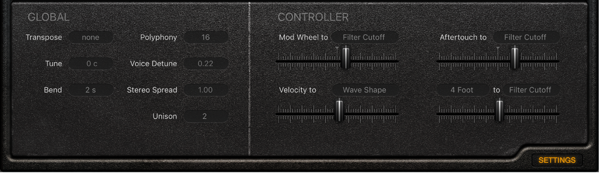 Abbildung. Global- und Controller-Parameter in Retro Synth