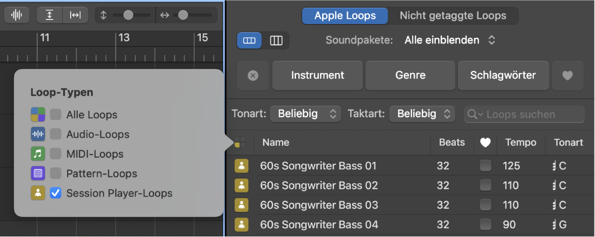 Abbildung. Loop Browser mit aktivierten Session Player Loops