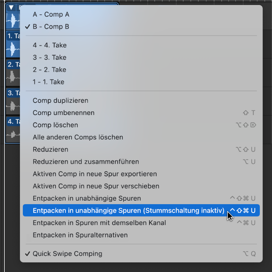 Abbildung. Auswählen von „Entpacken in unabhängige Spuren“ im Einblendmenü