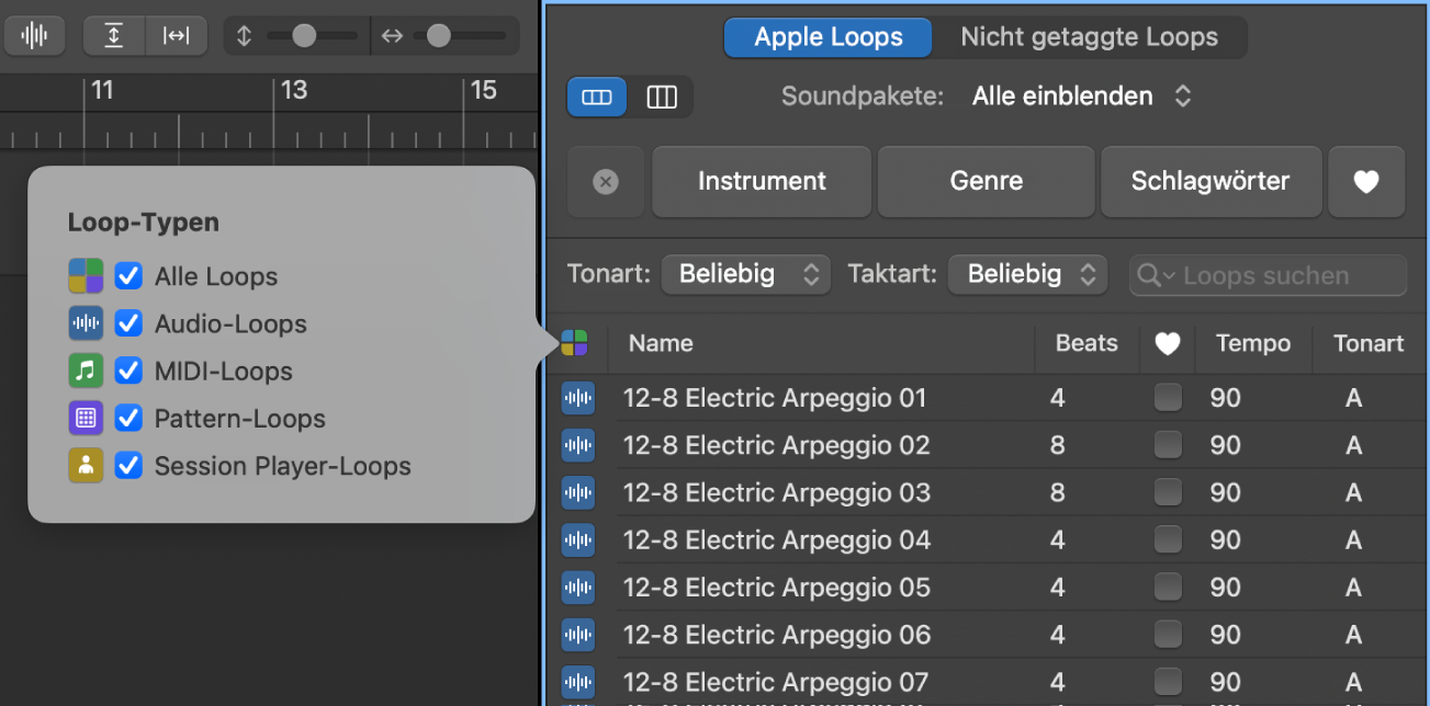 Menü „Loop-Typen“ über der Liste mit den Suchergebnissen