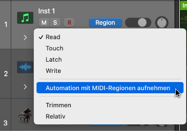 Das Menüobjekt „Automation mit MIDI-Regionen aufnehmen“ im Einblendmenü „Automationsmodus“