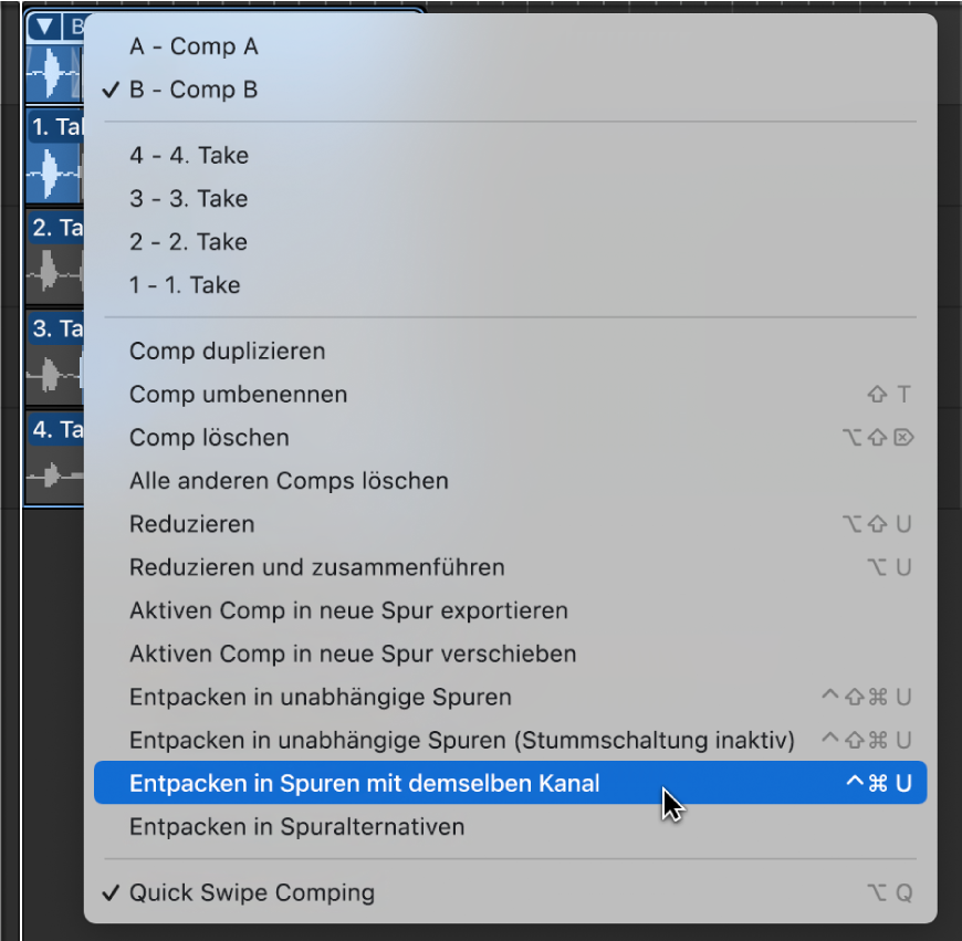 Abbildung. Auswählen von „Entpacken in Spuren mit gleichem Channel“ im Einblendmenü