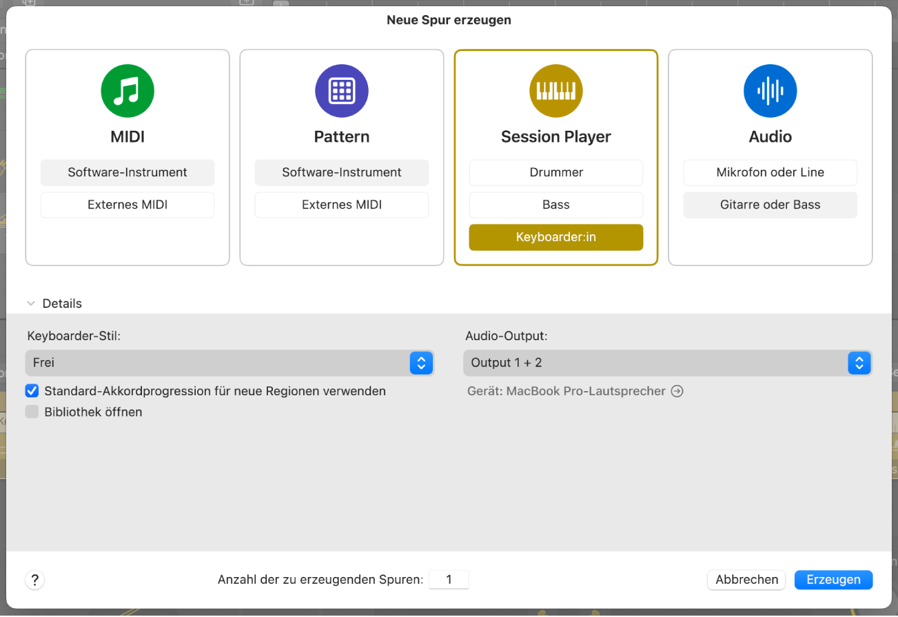 Abbildung. Dialogfenster „Neue Spuren“ mit den Tassten „MIDI“, „Pattern“, „Session Player“ und „Audio“.