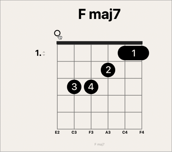 Abbildung. Werkzeug „Finger“ über oberem Bereich der Saite auf Akkorddiagramm