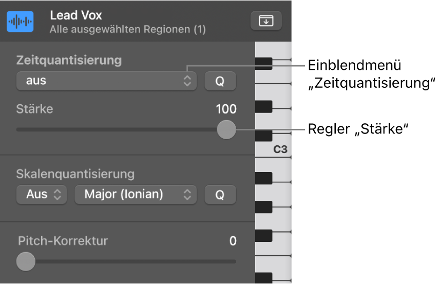 Abbildung. Einblendmenü „Zeitquantisierung“ und Schieberegler „Stärke“