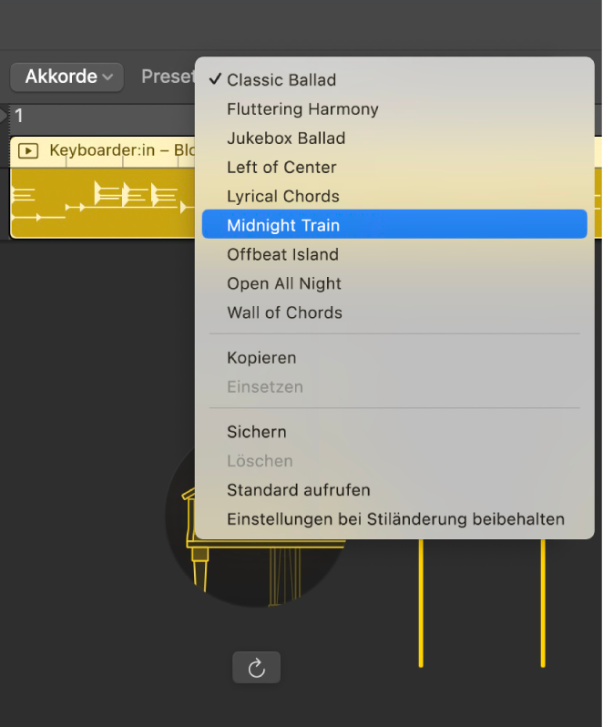 Abbildung. Einblendmen „Presets“ im Session Player-Editor