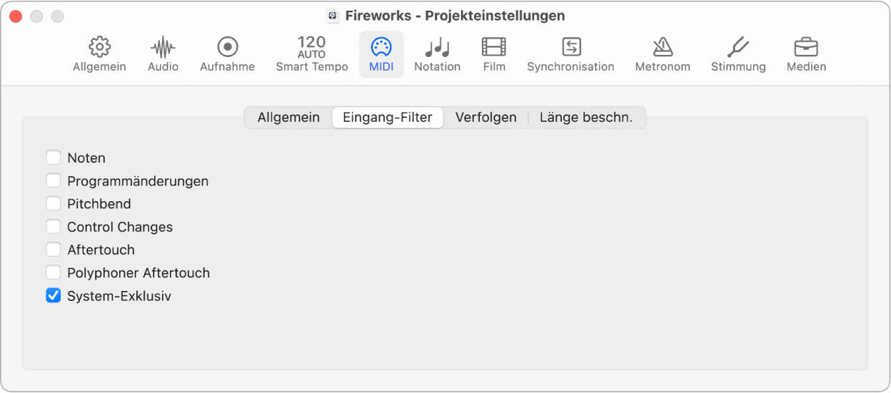 Abbildung. Projekteinstellungsbereich „MIDI“ > „Eingang-Filter“.