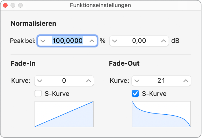 Abbildung. Fenster „Funktionseinstellungen“ mit S-förmiger Kurve eines Fade-out