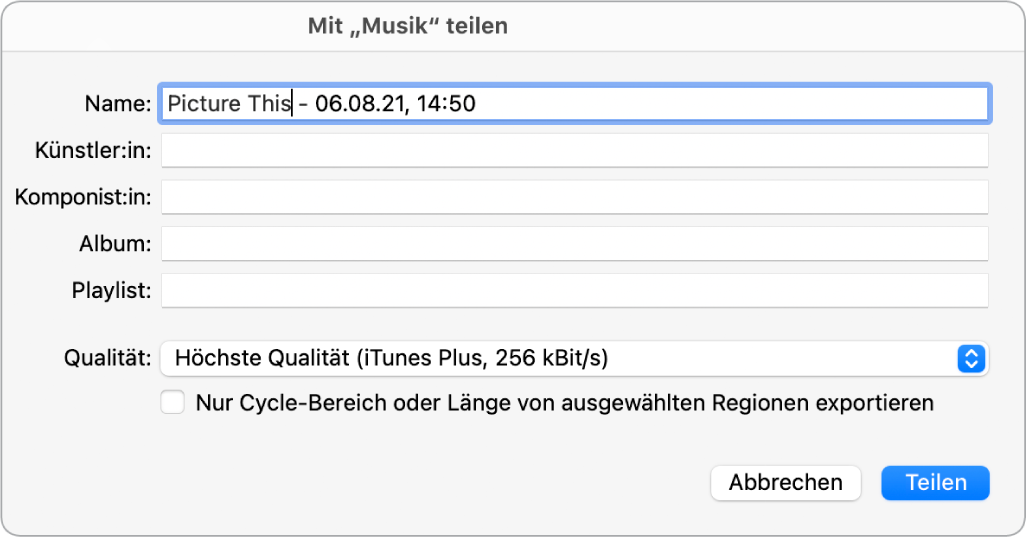 Abbildung. Dialogfenster „Mit „Musik“ teilen“