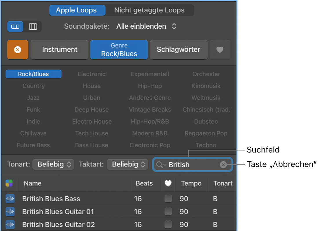 Suchfeld und Taste „Abbrechen“ im Loop Browser