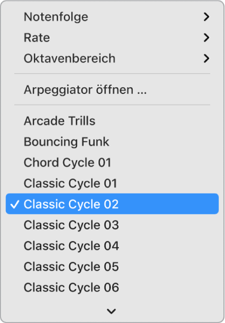 Abbildung. Einblendmenü „Arpeggiator“ in der Menüleiste des Bereichs „Smart Controls“