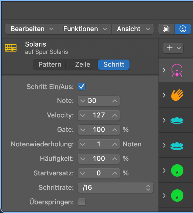 Lokales Informationsfenster des Step Sequencers mit Schritteinstellungen