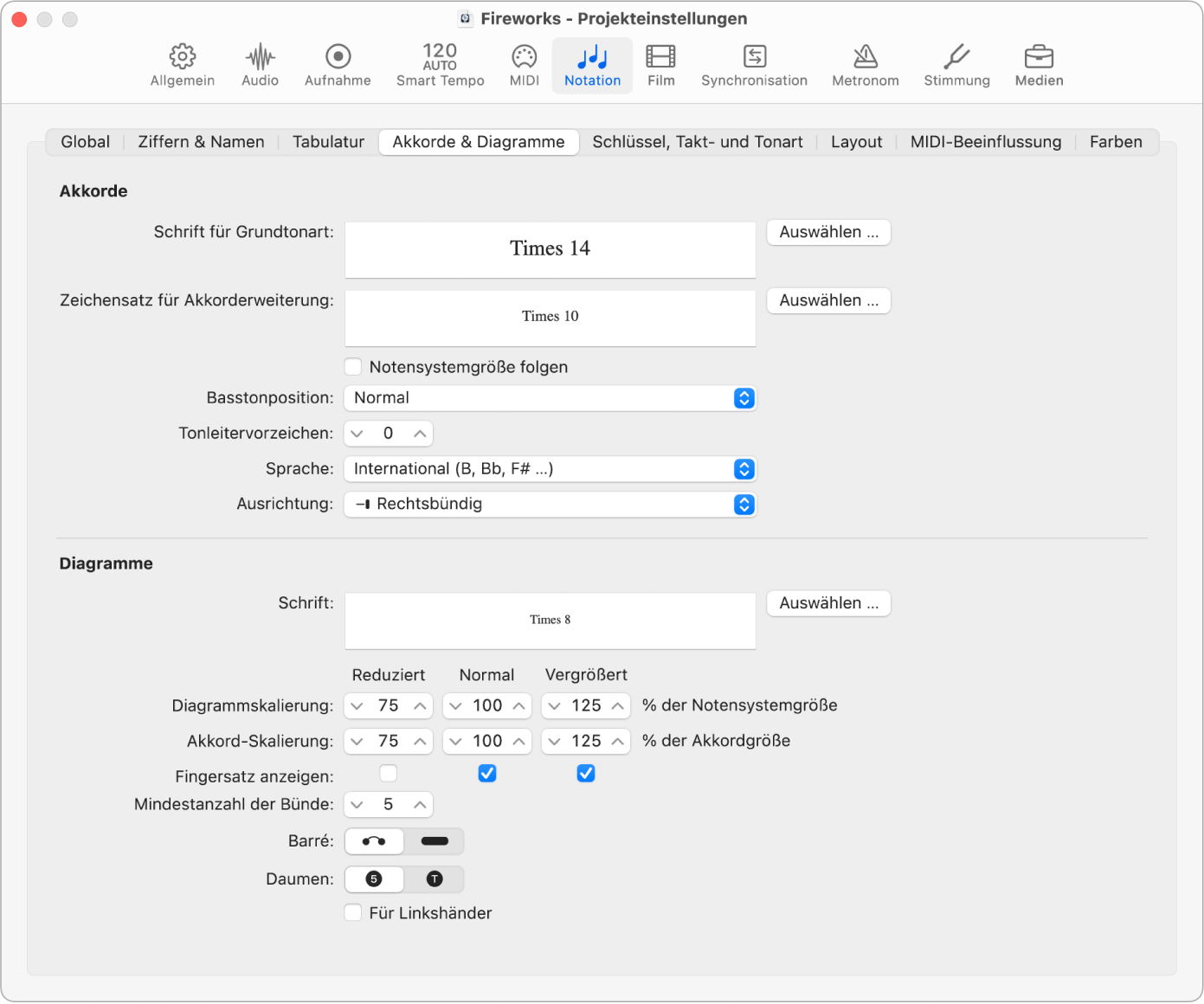 Abbildung. Projekteinstellungsbereich „Notation“ > „Akkorde & Diagramme“