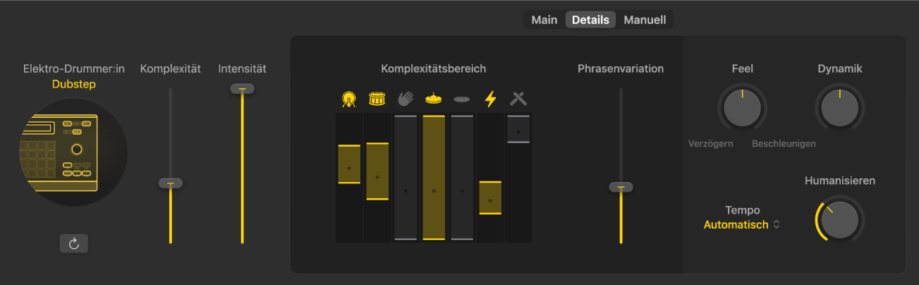 Abbildung. Der Session Player-Editor mit der Detailansicht des elektronischen Drummers